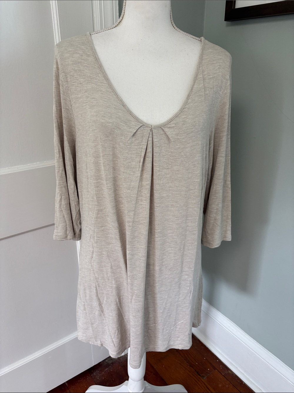 J. Jill Beige Oatmeal Scoop Neck Tunic Front Pleat 3/4 Sleeve Size Large